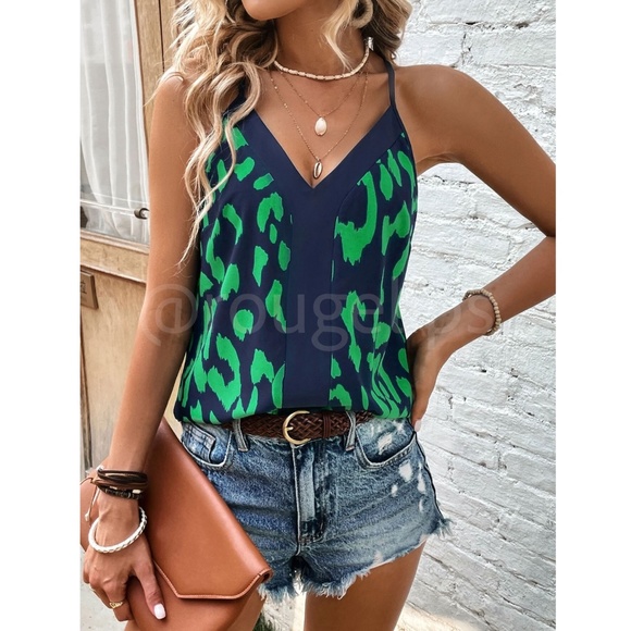 Green Navy Blue Leopard Animal Print Camisole Top V-Neck - Picture 1 of 7